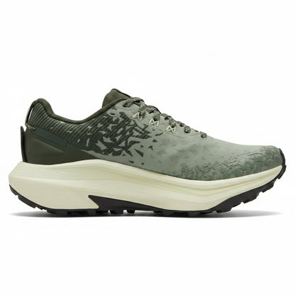 Green running shoe with black pattern on a white background