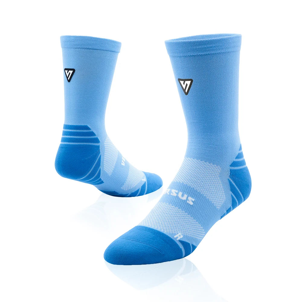 Pair of blue socks with a logo on a white background