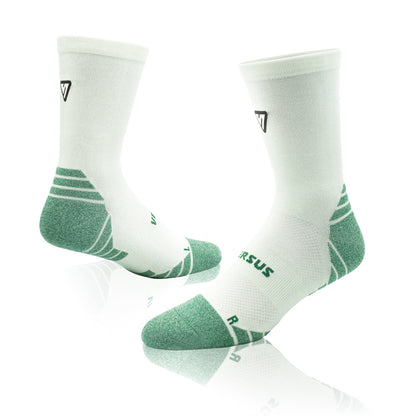 Green socks with green accents and a logo on a white background
