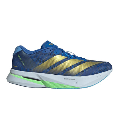 Blue and gold running shoe with white sole on a white background