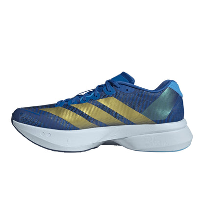 Blue and gold running shoe with white sole on a white background