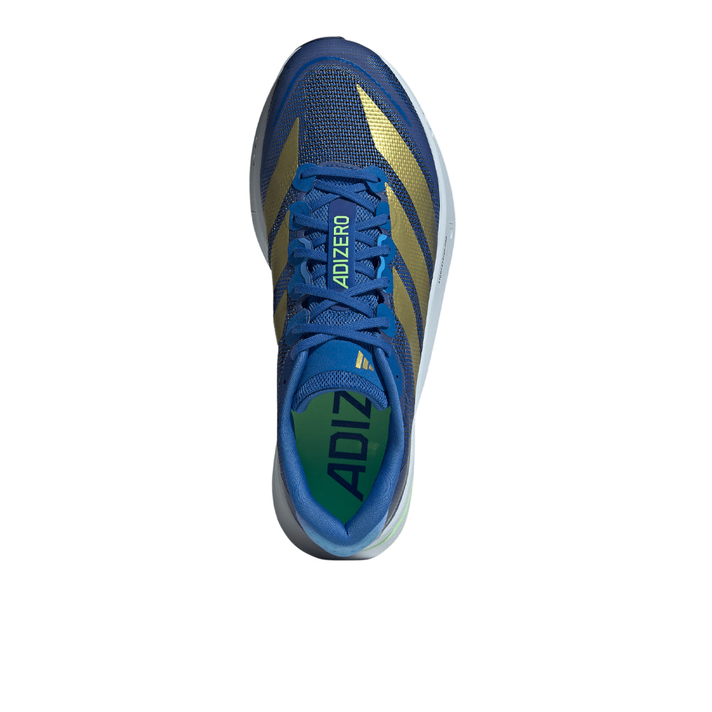 Blue and green running shoe with 'Adizero' branding on a white background
