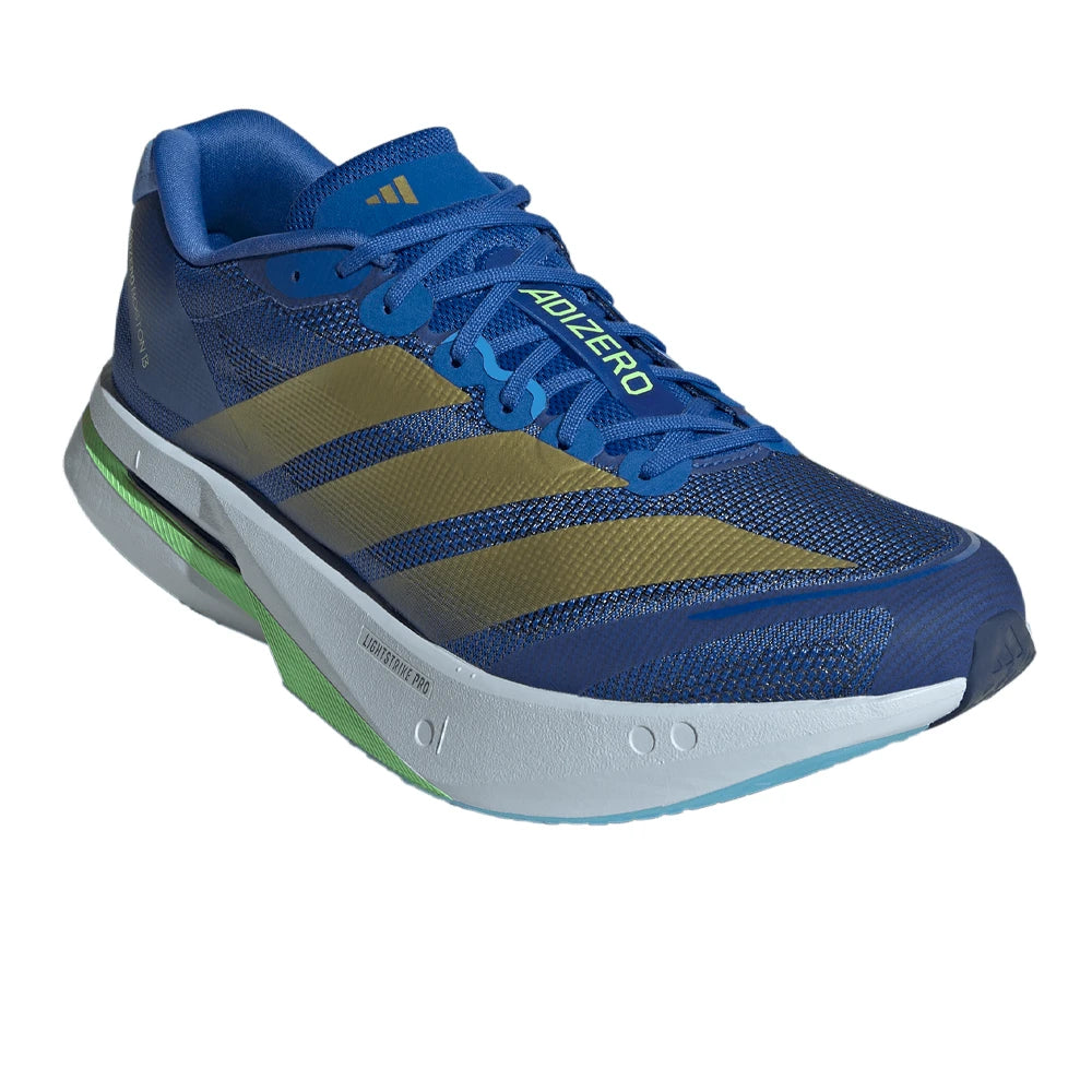 Blue and green running shoe with Adidas branding on a white background