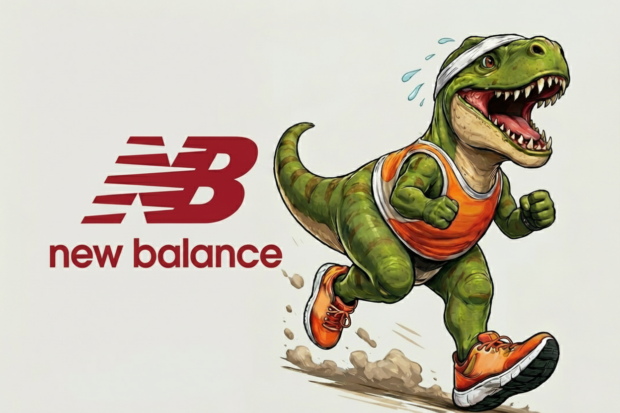 Cartoon dinosaur running with New Balance logo