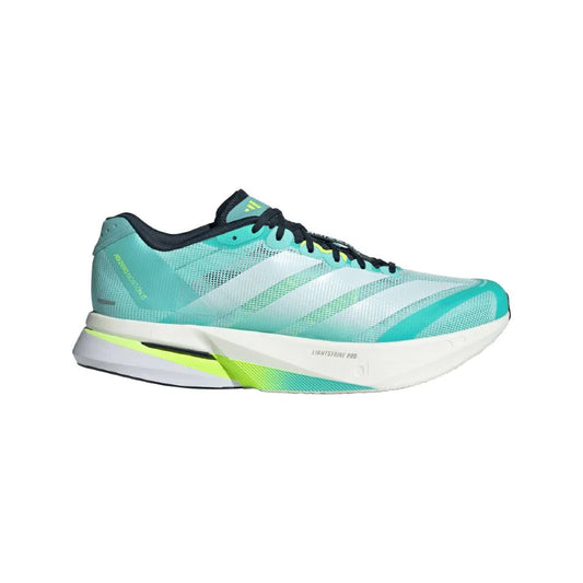 Turquoise and white running shoe with black and yellow accents on a white background