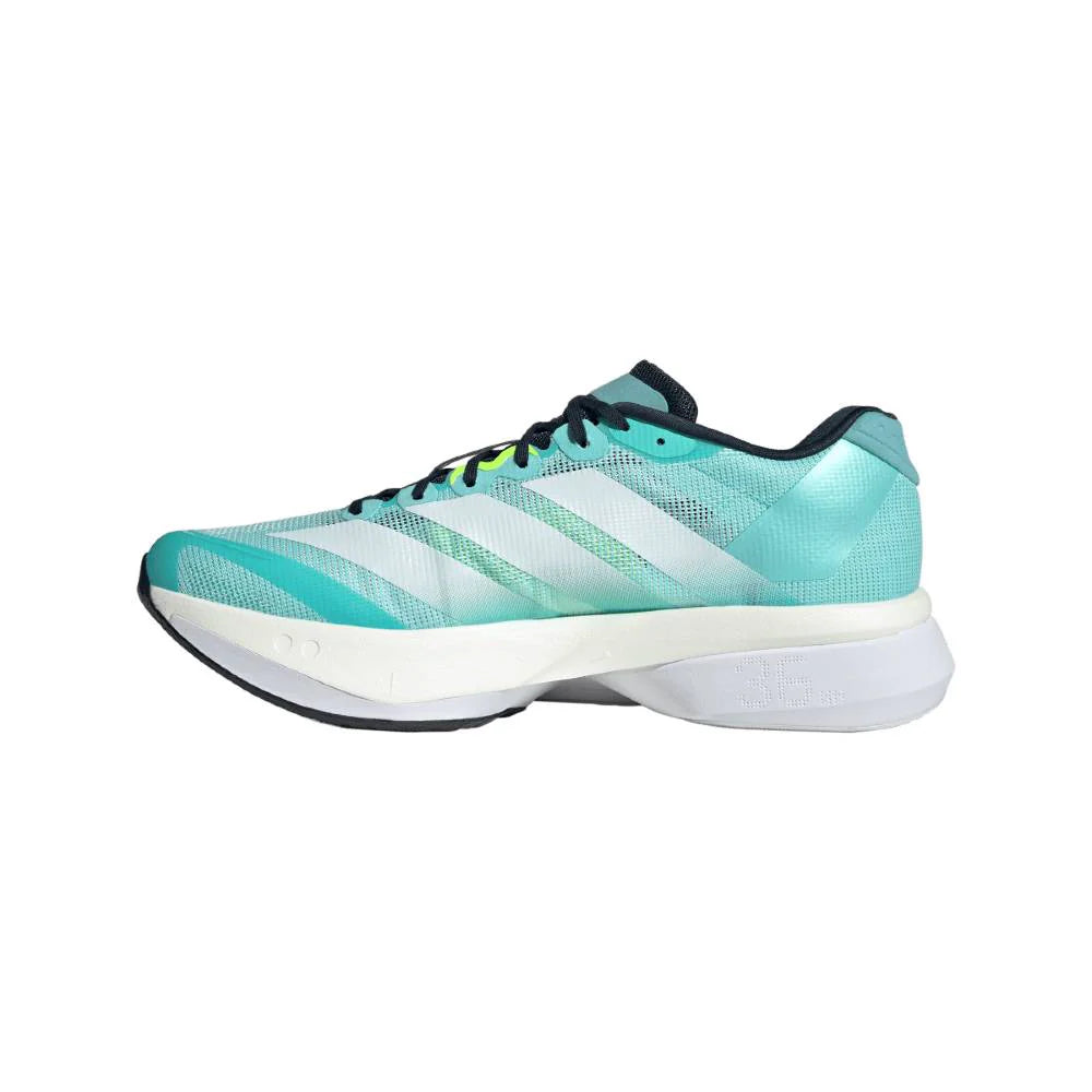 Turquoise running shoe with white sole on a white background