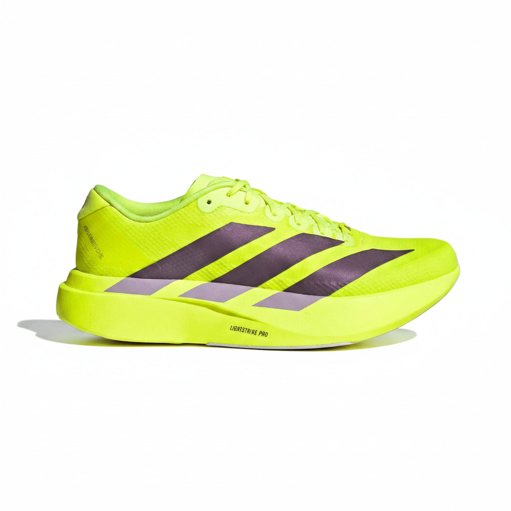 Bright yellow Adidas Adizero EVO SL Woven women's  running shoe with purple stripes on a white background