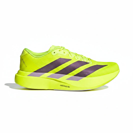 Bright yellow Adidas Adizero EVO SL Woven women's  running shoe with purple stripes on a white background