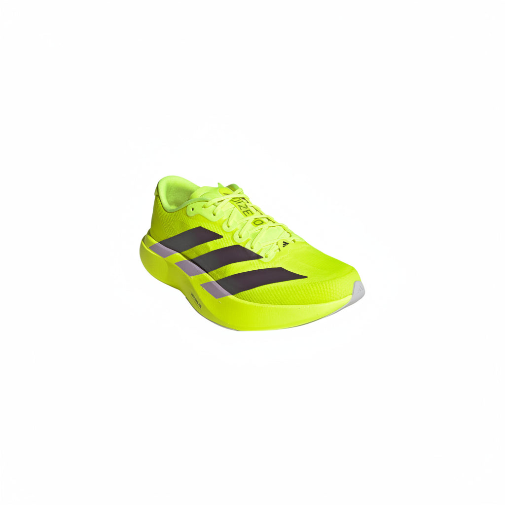 Bright yellow Adidas Adizero EVO SL Woven women's  shoe with black stripes on a white background