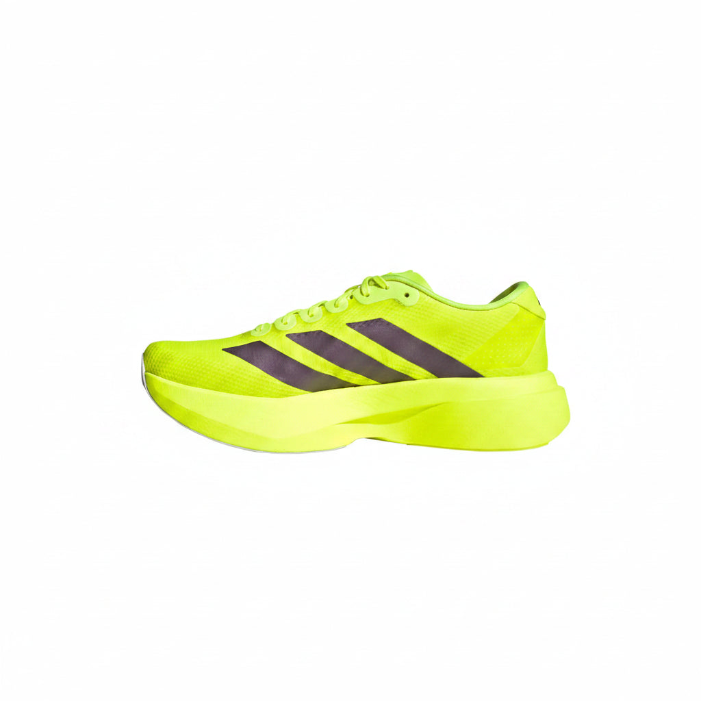 Yellow Adidas Adizero EVO SL Woven women's  running shoe with black stripes on a white background
