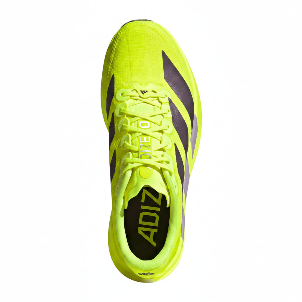 Bright yellow Adidas Adizero EVO SL Woven women's with purple accents on a white background