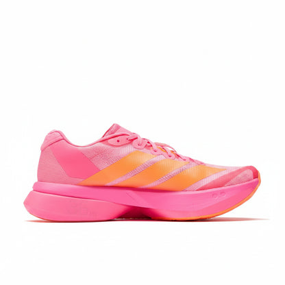Adidas Adizero Women's Boston 13 Pink and orange running shoe on a light gray background