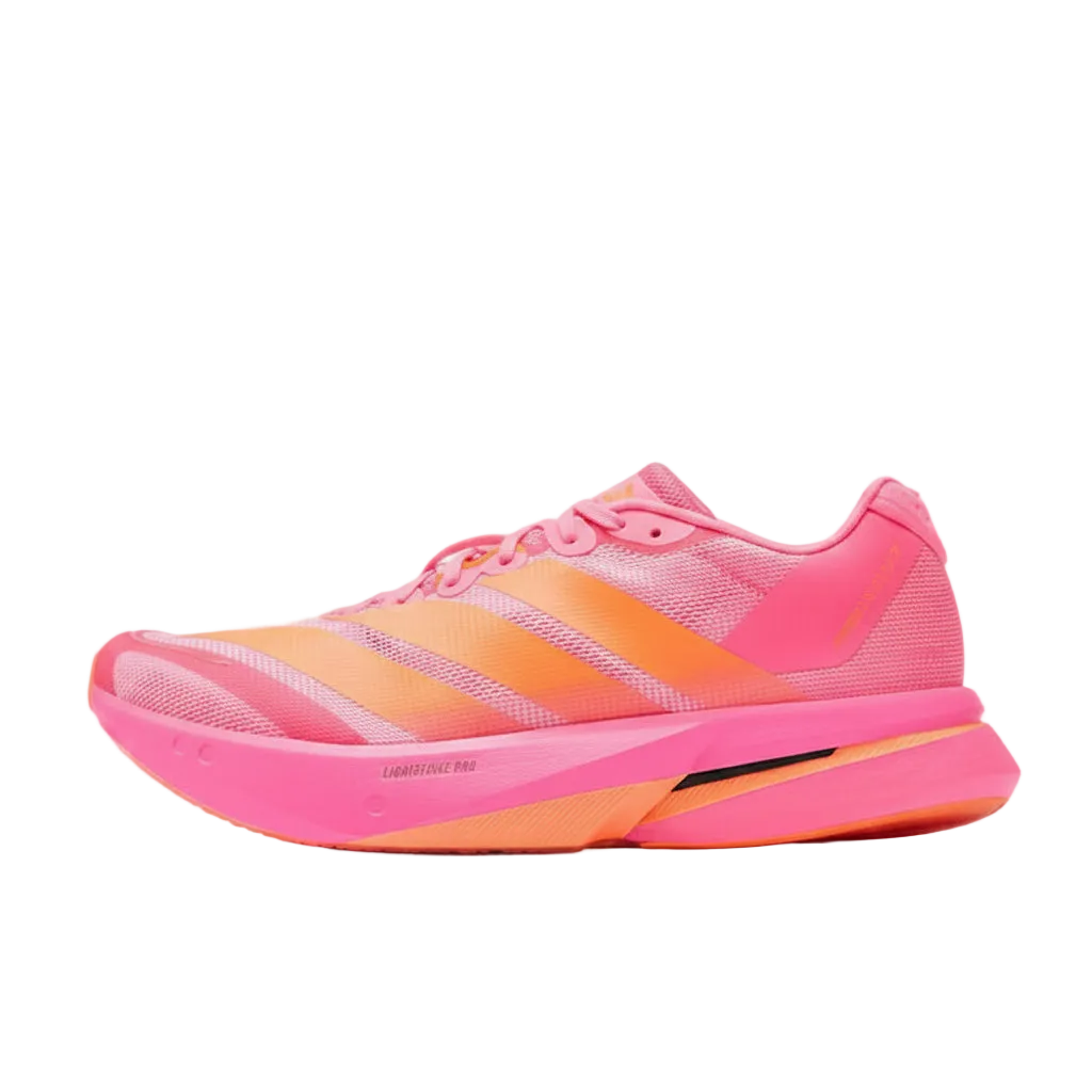 Adidas Adizero Women's Boston 13 Pink and orange running shoe on a light gray background
