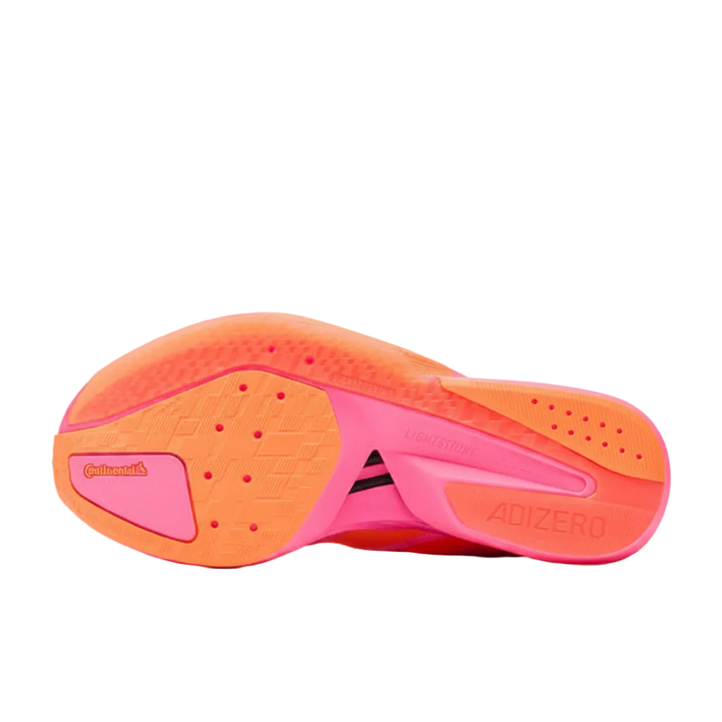 Adidas Adizero Women's Boston 13 Pink and orange athletic shoe sole on a light gray background