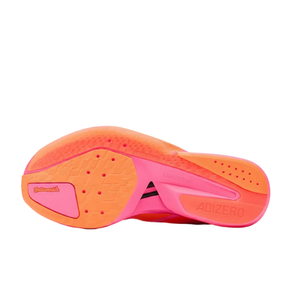 Adidas Adizero Women's Boston 13 Pink and orange athletic shoe sole on a light gray background