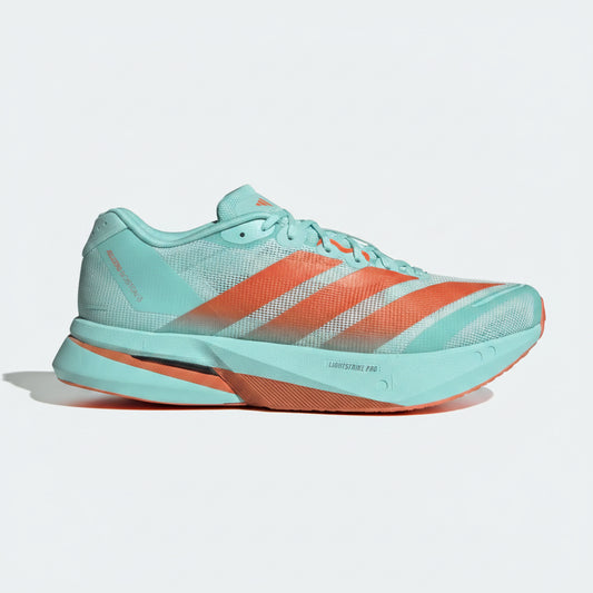 Turquoise and orange Adidas Men's Boston 13 KZ9027 running shoe with Adidas stripes on a white background