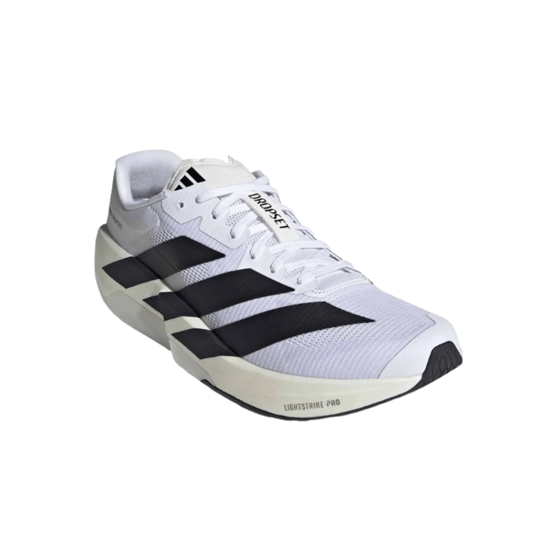 White and black Adidas Men's Dropset Pro sneaker on a white background