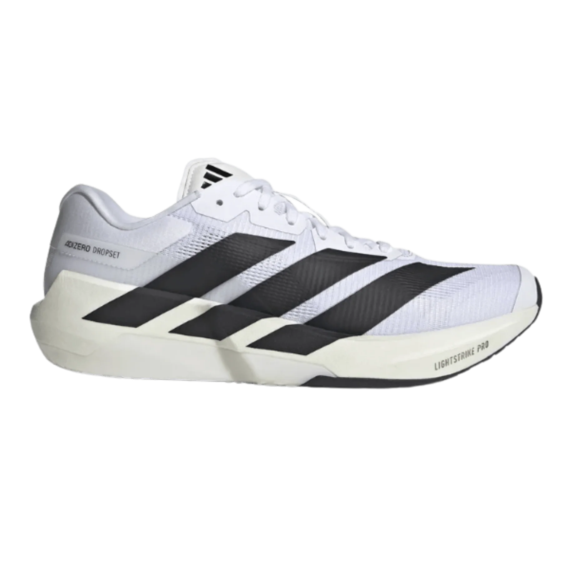 White Adidas Men's Dropset Pro sneaker with black stripes on a white background