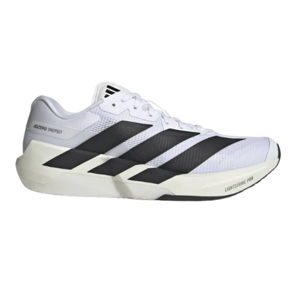 White Adidas Men's Dropset Pro sneaker with black stripes on a white background