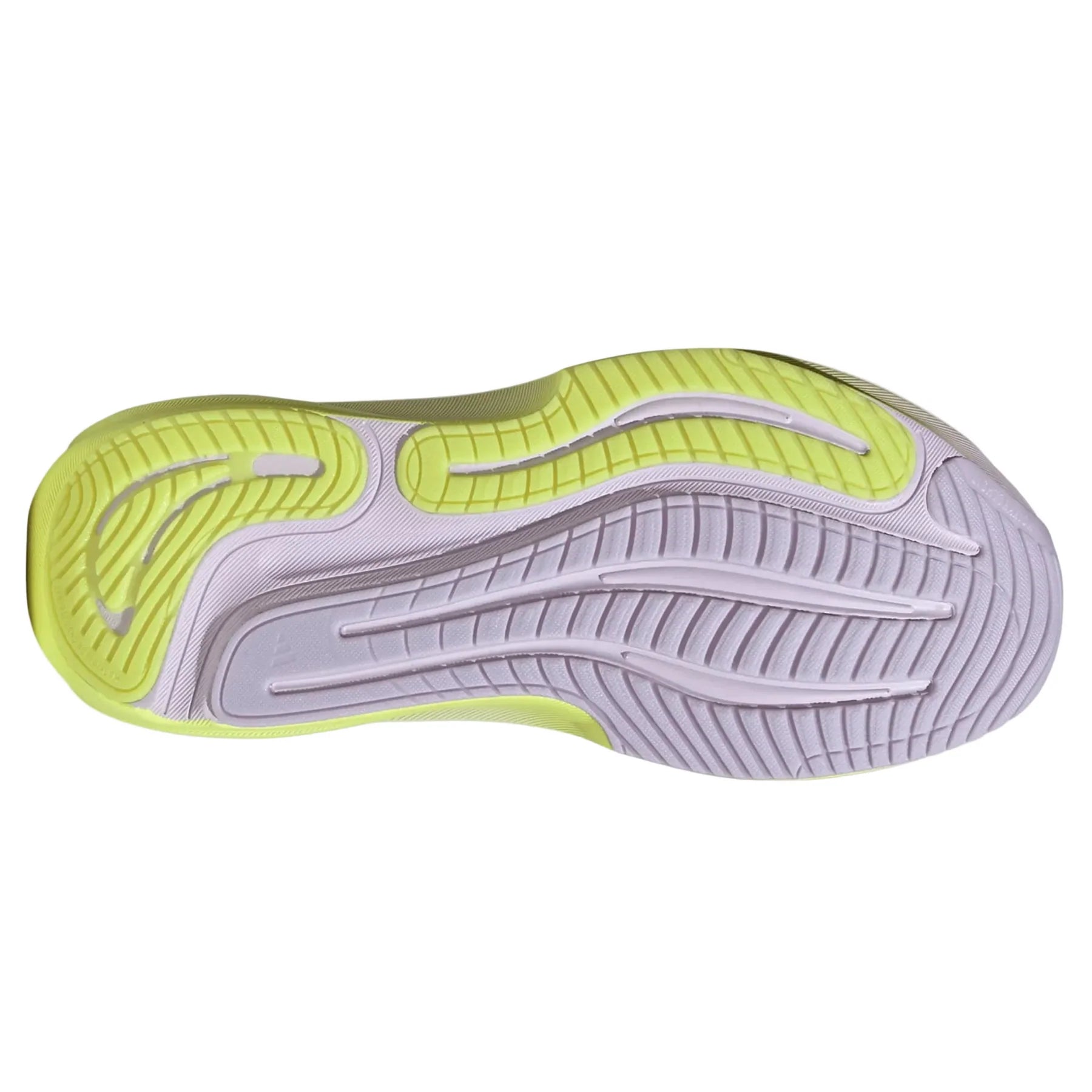 Close-up of a shoe sole with green and gray design on a white background