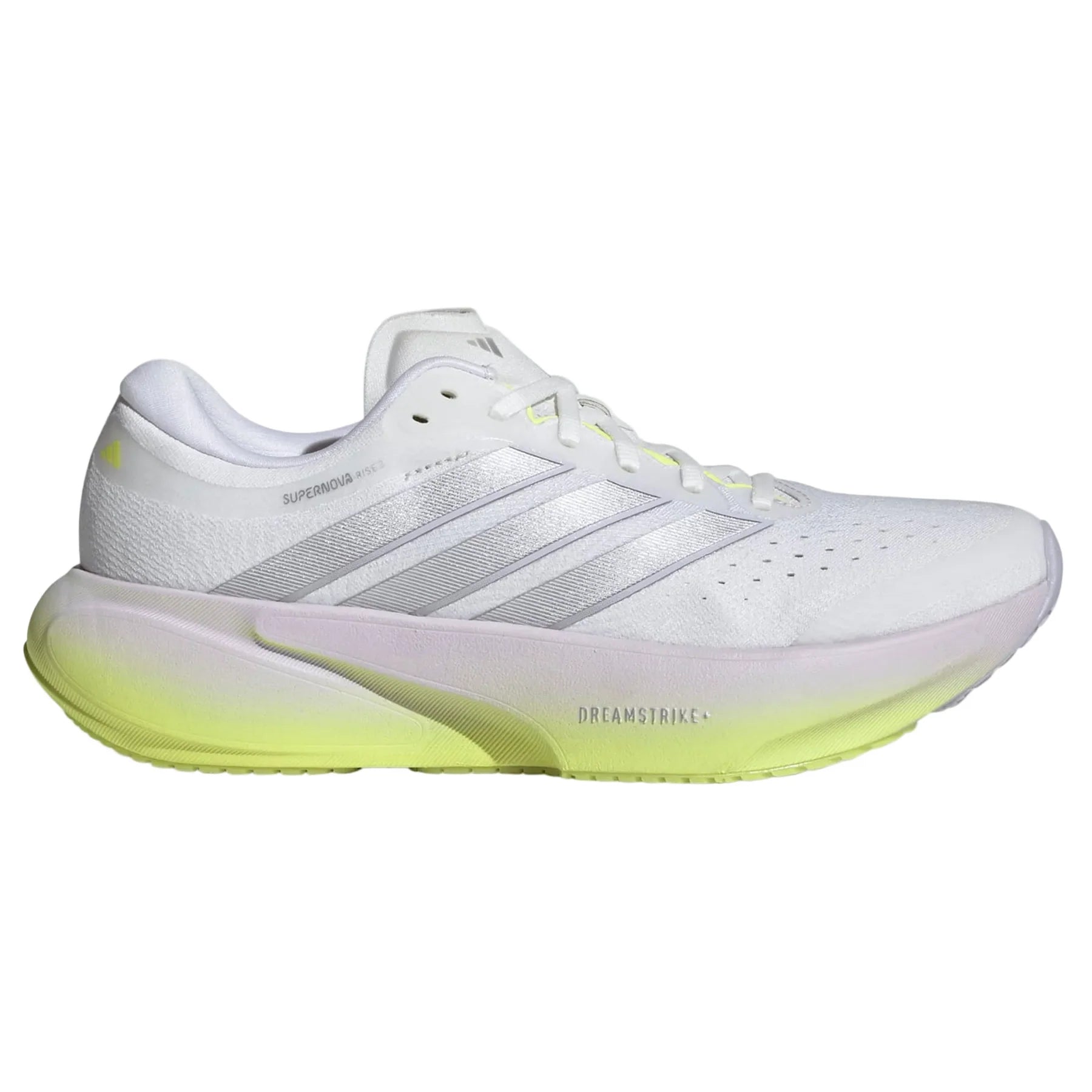 White Adidas Supernova Rise 3 women's running shoe with yellow sole on a white background