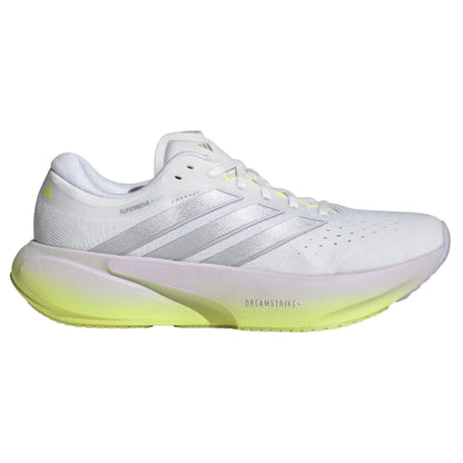 White Adidas Supernova Rise 3 women's running shoe with yellow sole on a white background