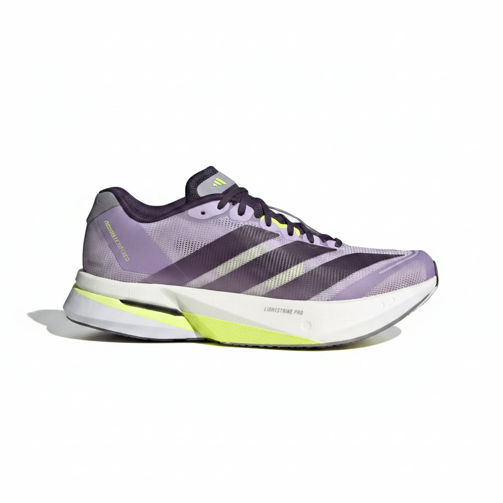 Adidas Women's Adizero Boston 13 (Purple/sol) running shoe with white sole on a light gray background