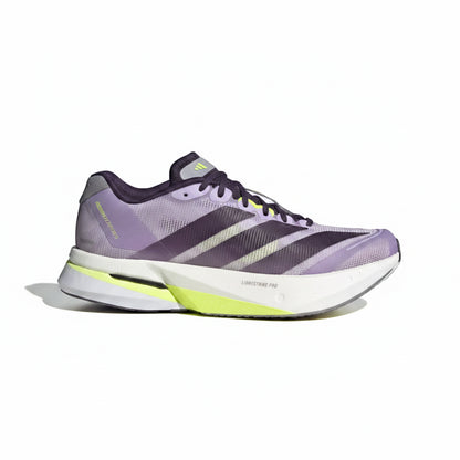 Adidas Women's Adizero Boston 13 (Purple/sol) running shoe with white sole on a light gray background