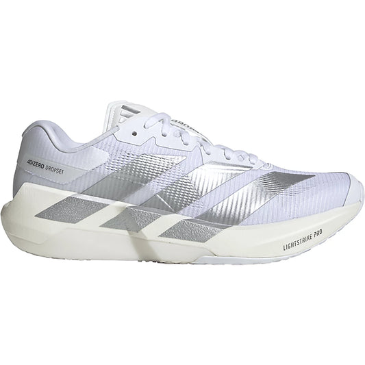 Adidas Women's Dropset Pro white athletic shoe with gray stripes on a white background.