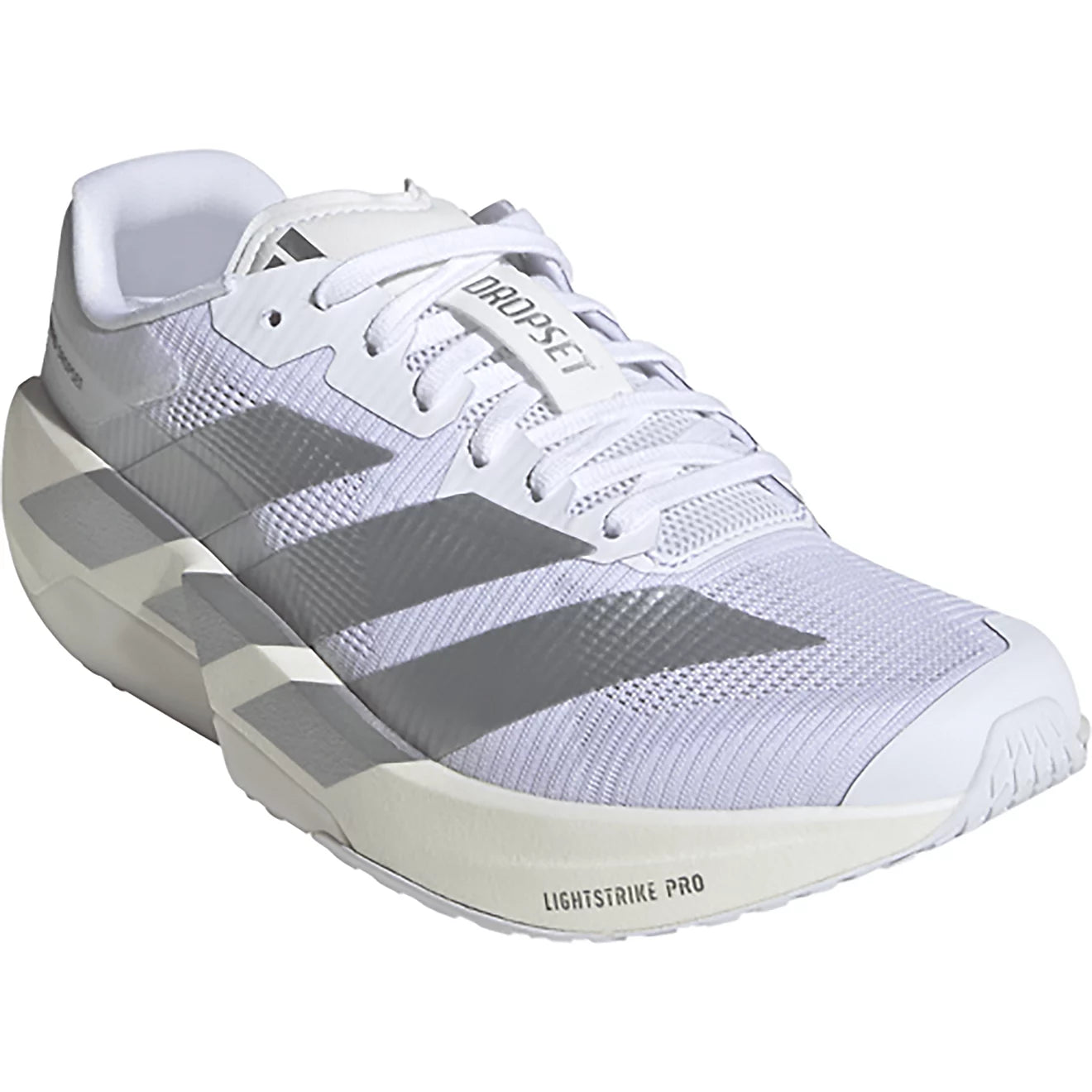 White Adidas Women's Dropset Pro athletic shoe with gray accents on a white background