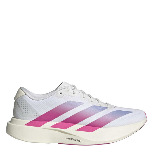 A white Adidas Women's EVO SL running shoe with a pink and purple gradient on the iconic three stripes, set against a plain white background.