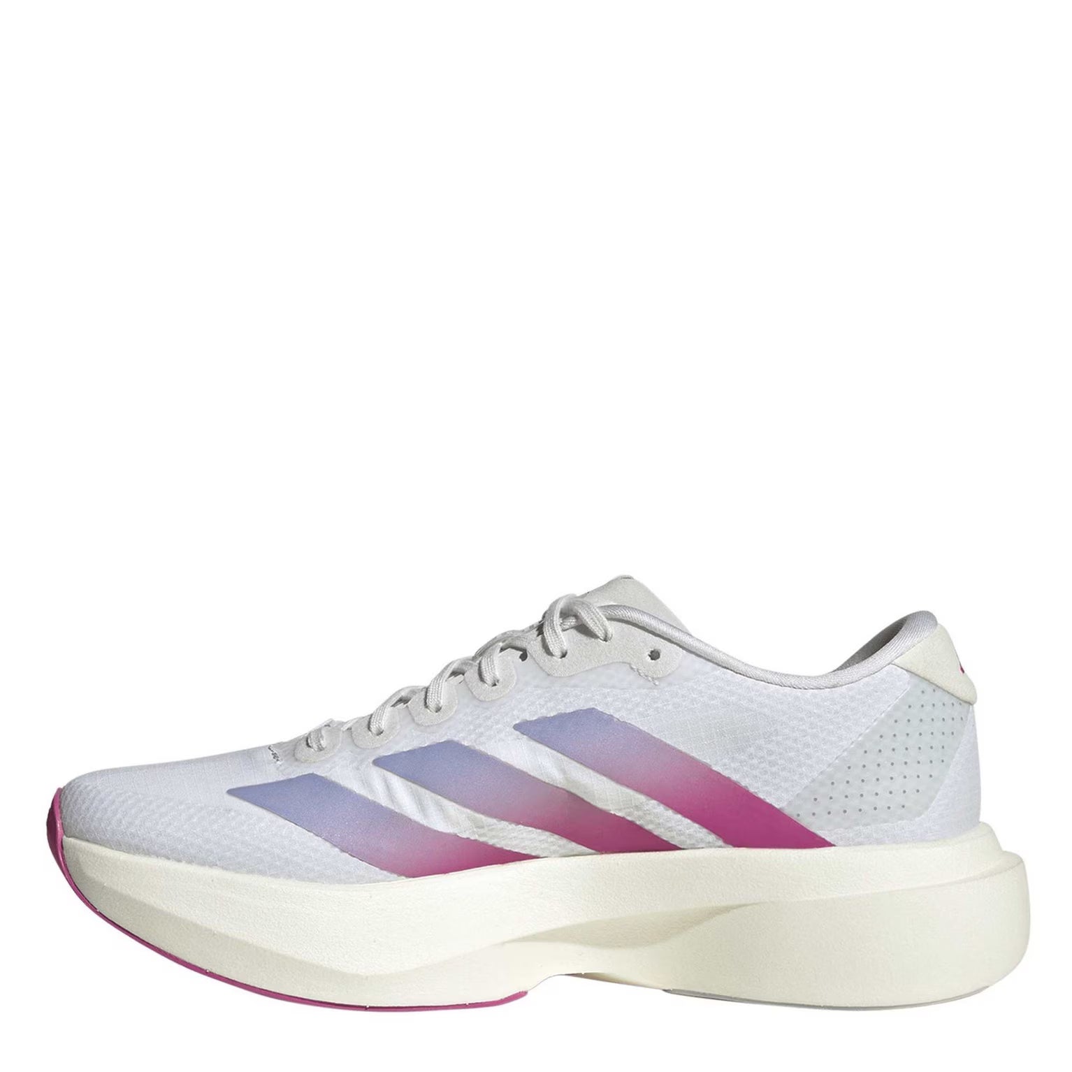 A white Adidas Women's EVO SL running shoe with a thick cream sole, featuring purple and pink gradient stripes on the side, set against a plain white background.