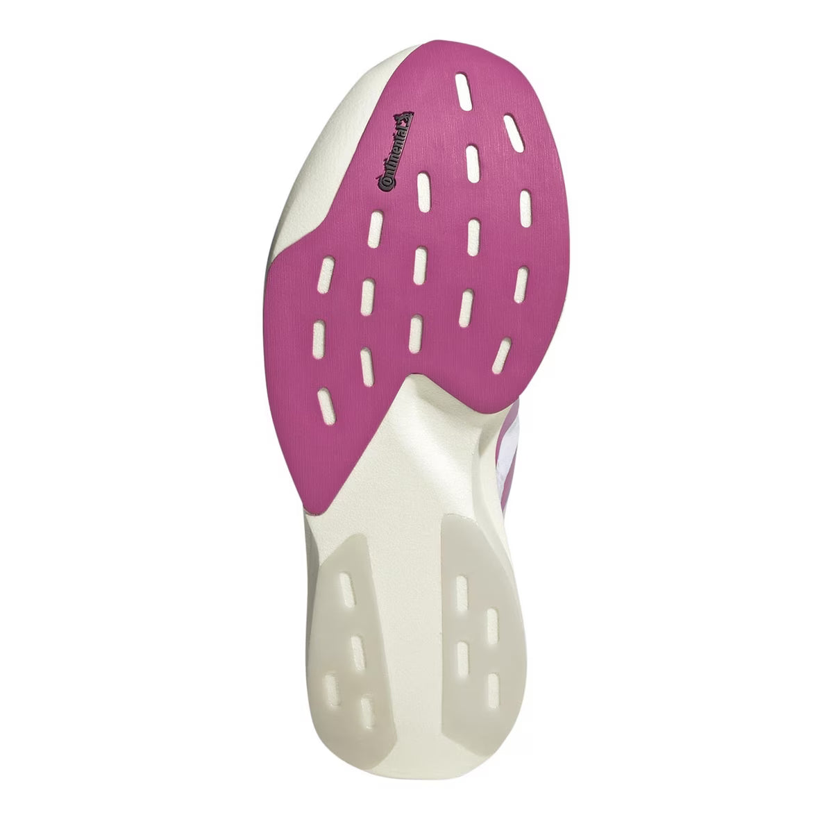A close-up of a Adidas Women's EVO SL sole showing a pink and white design with ventilation holes, featuring the 'Ghedina' brand logo printed on the pink section.