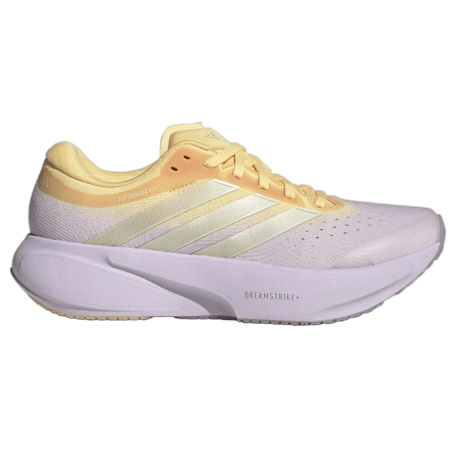 Yellow and white Adidas women's  Supernova Rise 3 athletic shoe on a white background