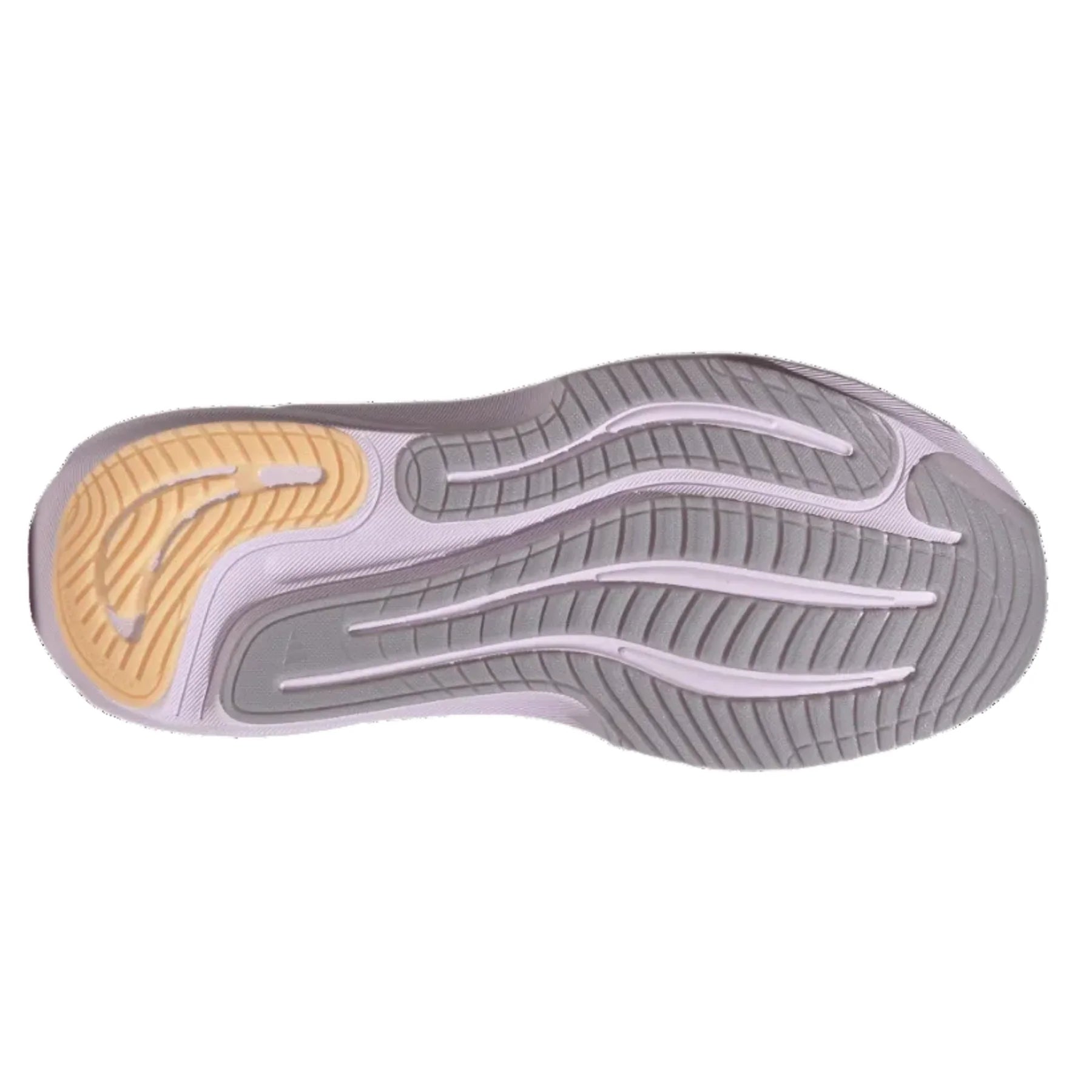 Close-up of a Adidas women's  Supernova Rise 3  shoe sole with a yellow and gray design on a white background
