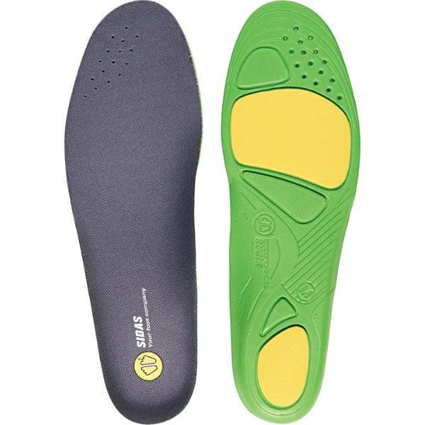 Sidas Anatomic Comfort gray and green shoe insoles with yellow accents on a white background