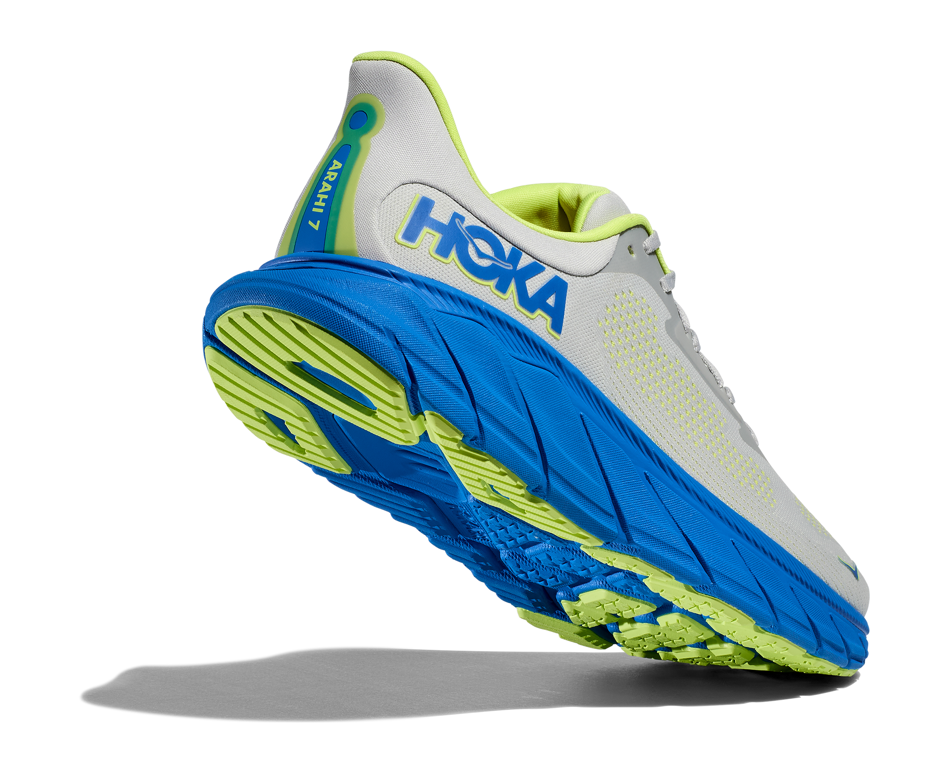 Hoka Arahi 7 men's stability running shoe blue and gray rear angled heel raised view