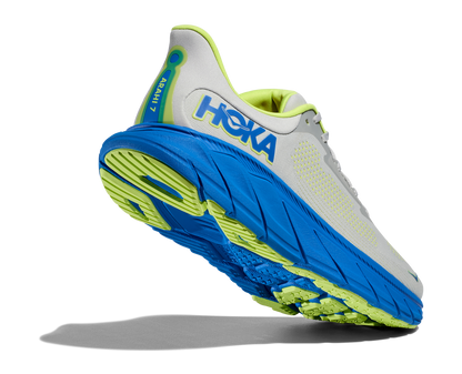 Hoka Arahi 7 men's stability running shoe blue and gray rear angled heel raised view