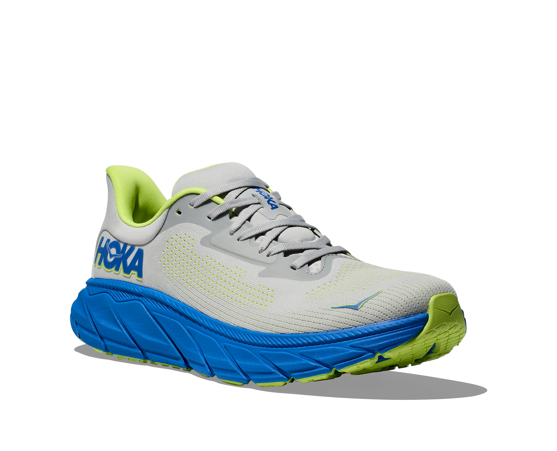 Hoka Arahi 7 men's stability running shoe blue and gray, front angled side view