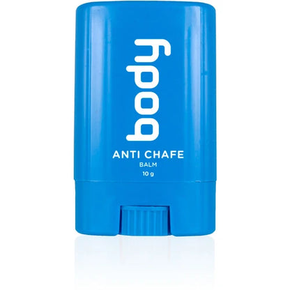 Blue stick of bodyglide anti chafe balm on a white background