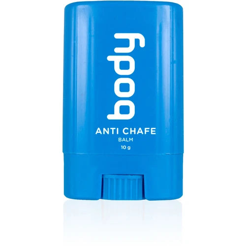 Blue stick of bodyglide anti chafe balm on a white background
