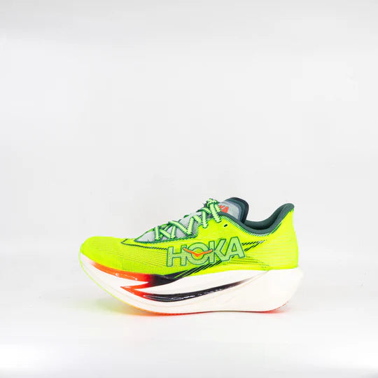 Brightly colored running shoe with 'Hoka' branding on a white background