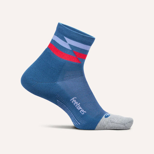 Blue sock with red and gray accents on a white background