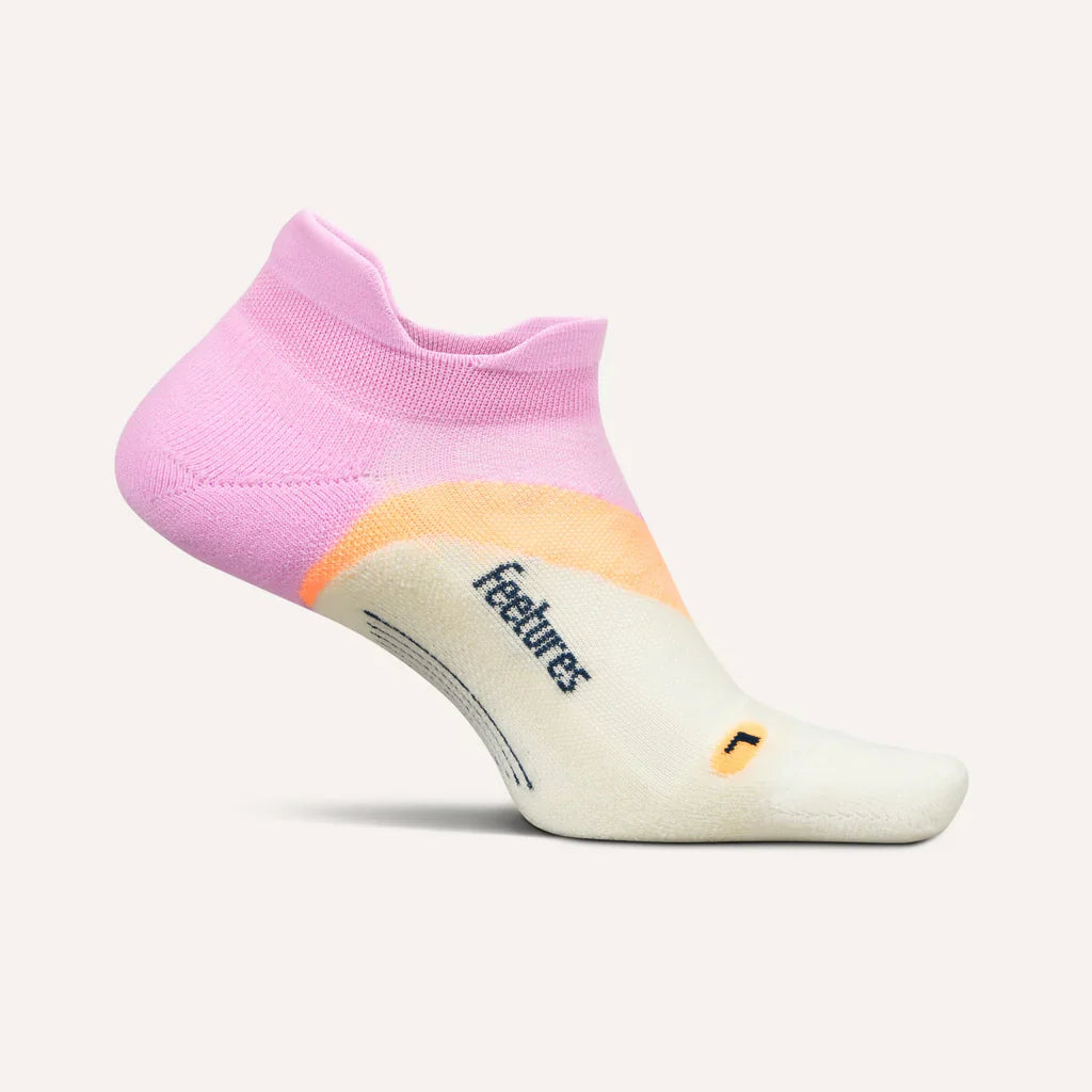 Pink and white sock with 'Features' branding on a light gray background