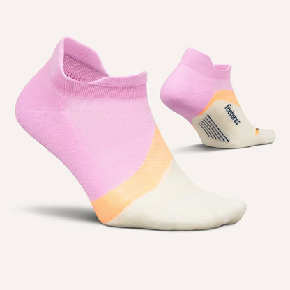 Pink, orange, and white ankle sock on a white background