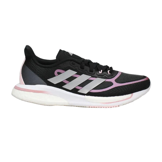 Black and pink Adidas running shoe on a light gray background