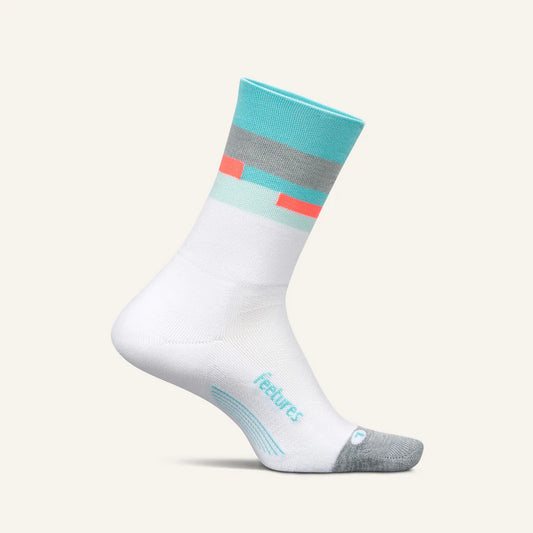 A pair of Feetures Elite Light Cushion Mini Crew socks in white with blue and gray accents, designed for running and performance.