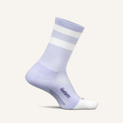 A pair of Feetures Elite Light Cushion Mini Crew socks in lilac with white stripes, designed for running and high-performance comfort.
