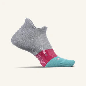 A pair of Feetures Elite Light Cushion no-show running socks in gray with pink and blue accents.