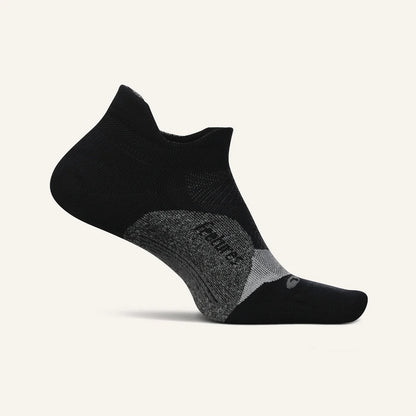 A pair of black Feetures Elite Light Cushion no-show running socks with gray accents.